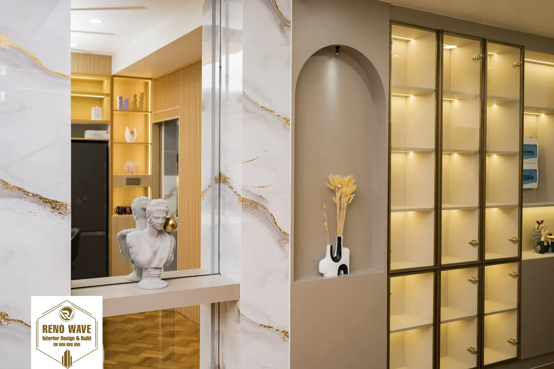 Marble feature wall with custom display cabinets